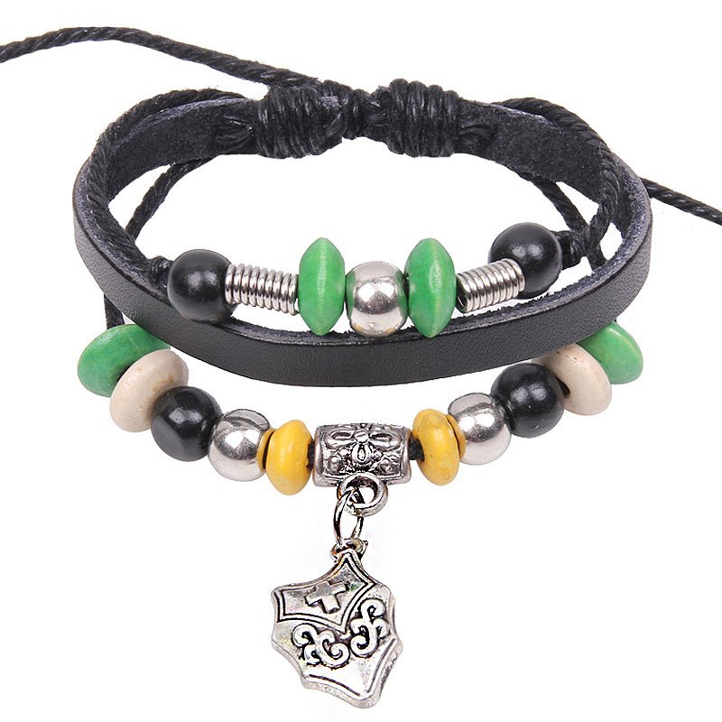 Punk Style Alloy Cross Shield Pendant Beads Drawstring Leather Rope Bracelet