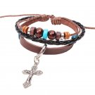 Inspirational Cross Pendant Beads Braided Rope PU Leather Bracelet