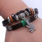 Silver Maple Leaf Pendant Beads Rope PU Leather Bracelet