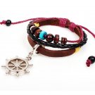 Silver Rudder Pendant Braided Beads PU Leather Bracelet