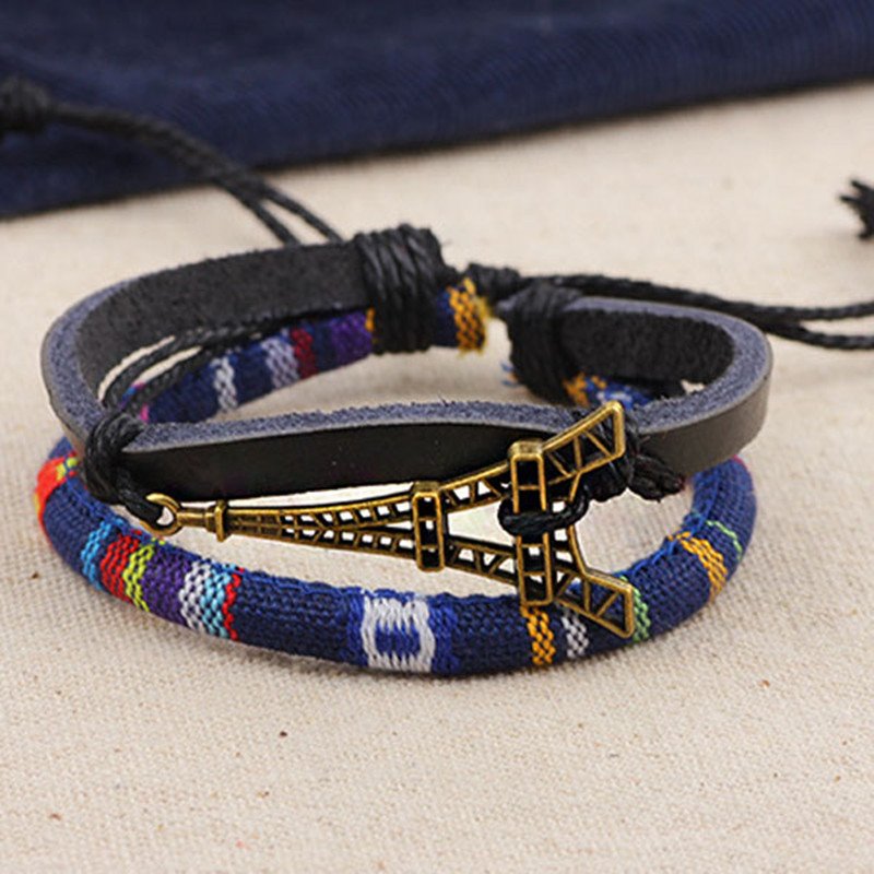 Alloy Eiffel Tower Rope PU Leather Bracelet
