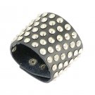 Wide Black Leather Bracelet with 6 Layers Round Rivets