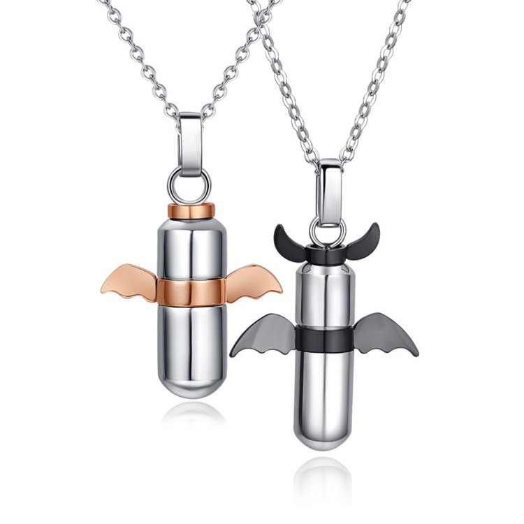 Devil Wings Pill Shaped Pendant Titanium Necklace