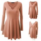 Women Casual Fit Flare Crisscross Long Sleeve Flare Tunic Dress