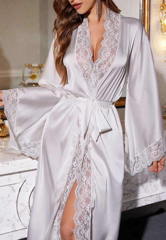 Charming White Robe with Lace Trims