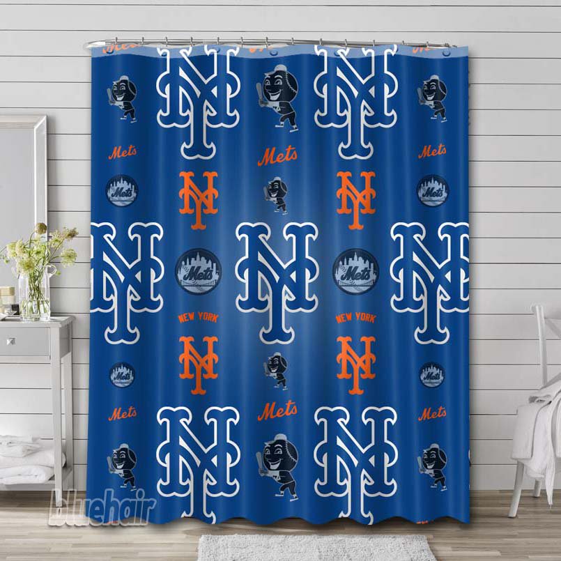 New York Mets Logo Pattern Shower Curtain Hooks Bathroom Sets
