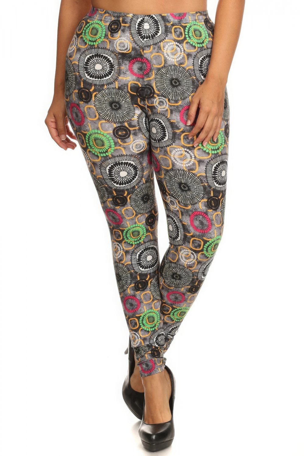 Multi Color Circle Print Plus Size High Waist Leggings One Size Fits Most