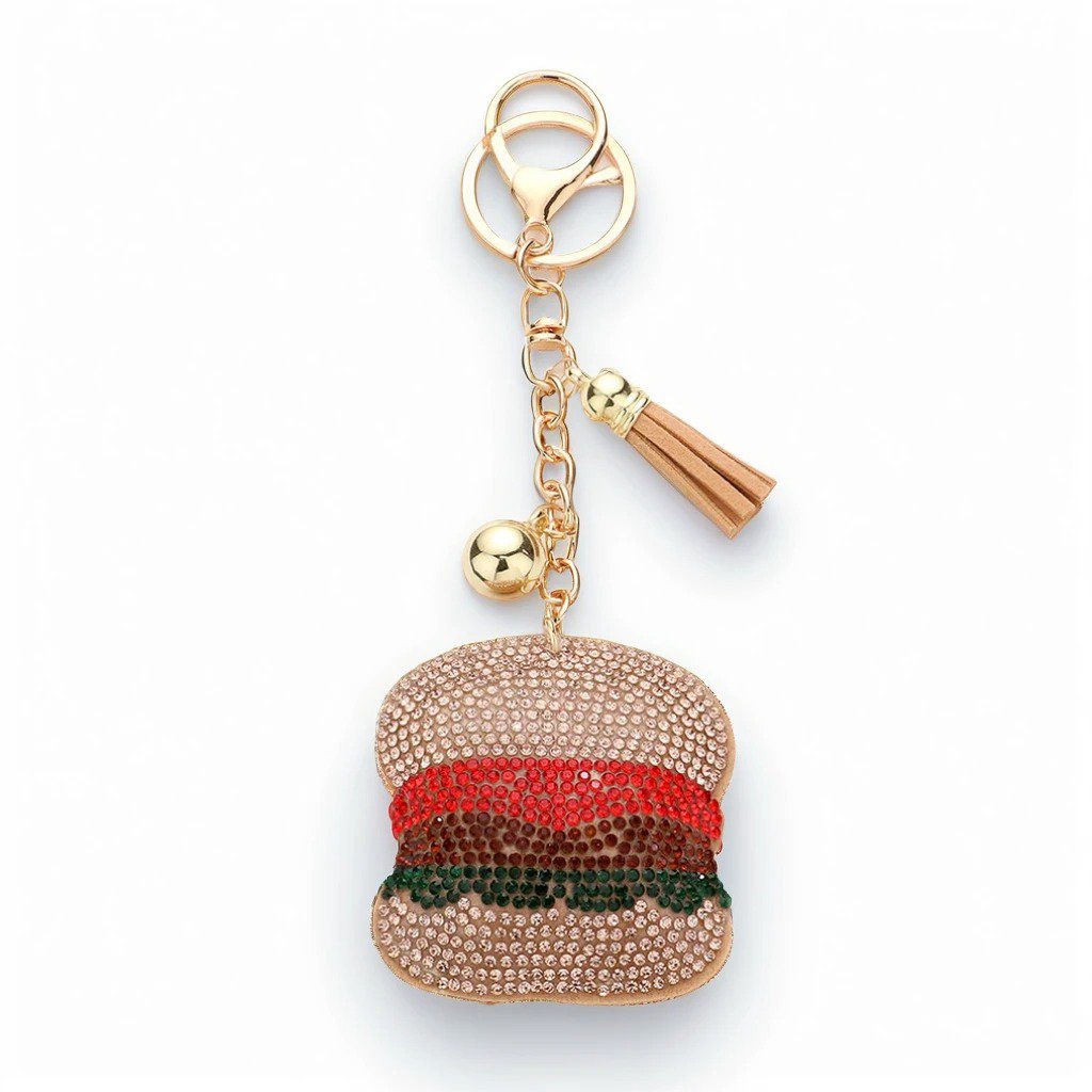 Brown Rhinestone Hamburger Tassel Keychain Metal Alloy