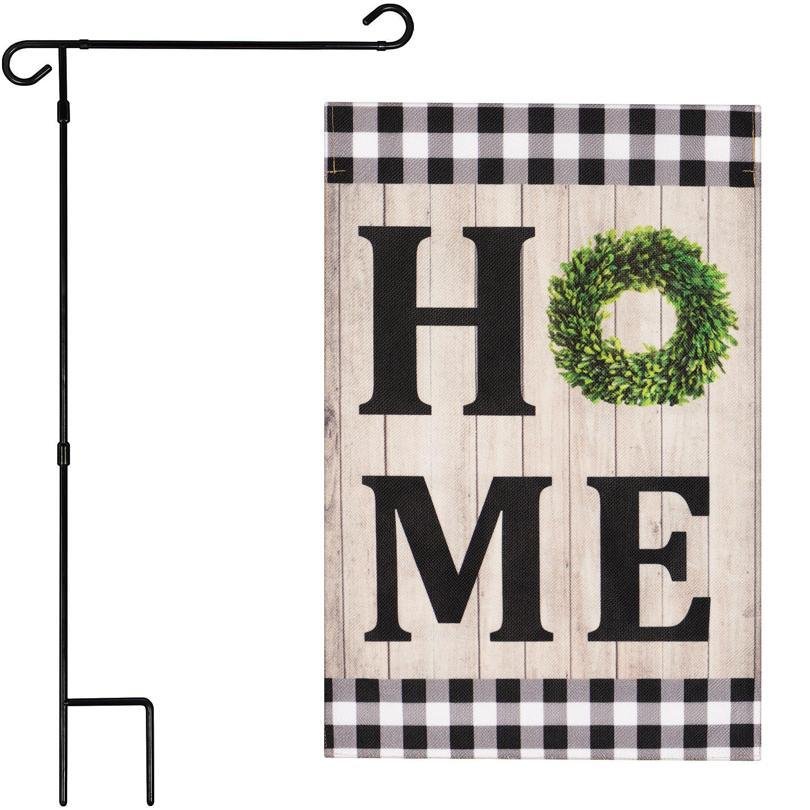 Home Wreath Garden Flag & Stand Set 12x18 Double Sided Burlap