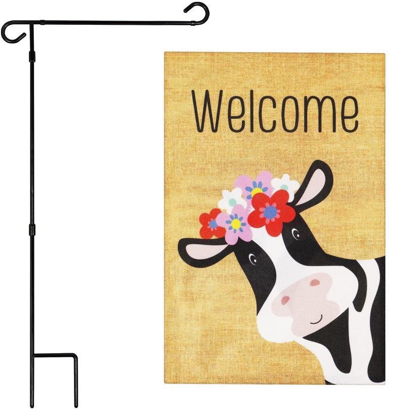 Welcome Cow Garden Flag & Stand Set 12x18 Double Sided Burlap