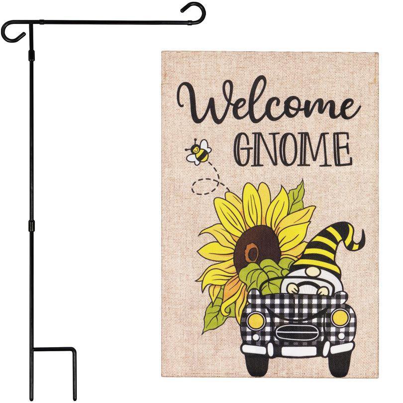 Welcome Gnome Sunflower Garden Flag & Stand Set 12x18 Double Sided Burlap