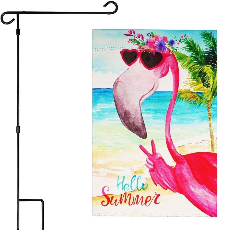 Garden Flag Stand & 12x18 Double-Sided Peace Sign Flamingo Summer Garden Flag Combo