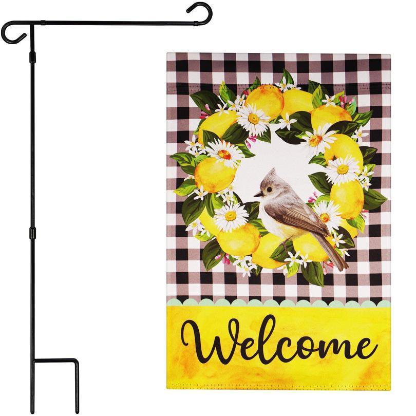 Garden Flag Stand & 12x18 Double-Sided Welcome Bird Fruit Wreath Garden Flag Combo