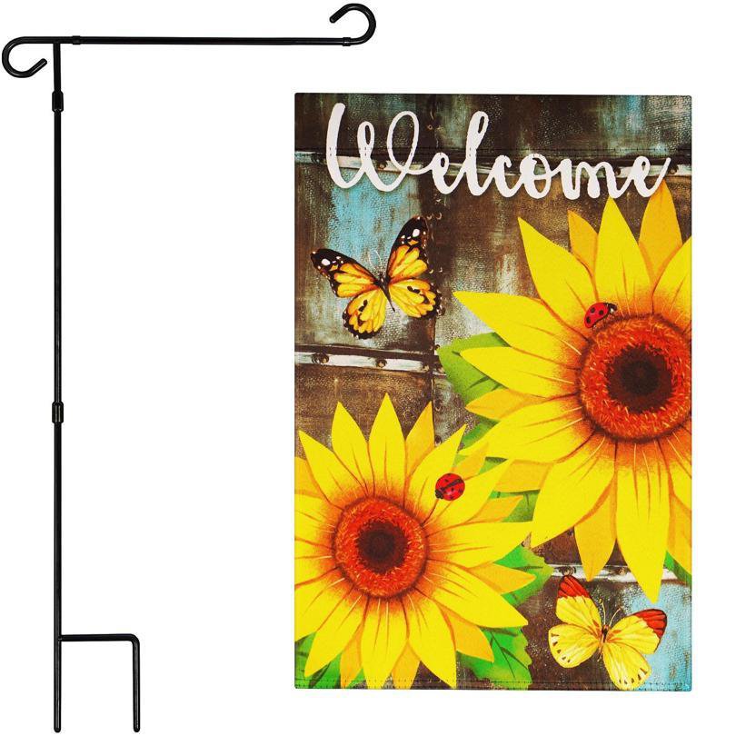 Garden Flag Stand & 12x18 Double-Sided Welcome Sunflowers Butterflies Garden Flag Combo