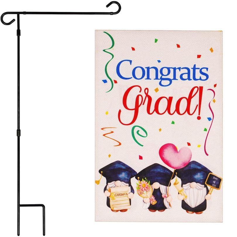 Garden Flag Stand & 12x18 Double-Sided Congrats Grad Gnome Garden Flag Combo