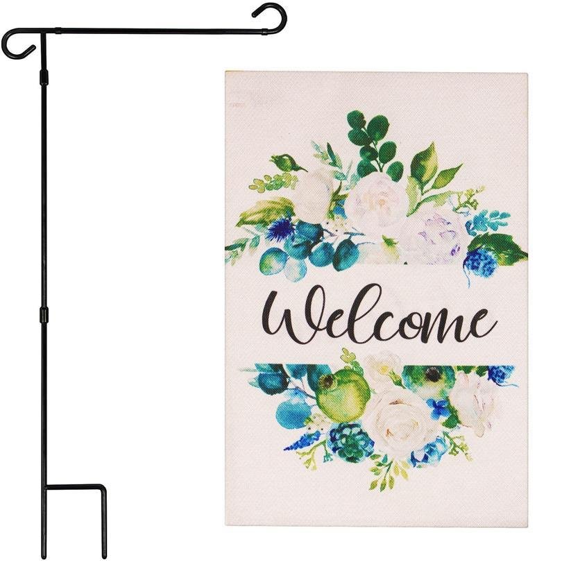 Garden Flag Stand & 12x18 Double-Sided Welcome Elegant Floral Garden Flag Combo