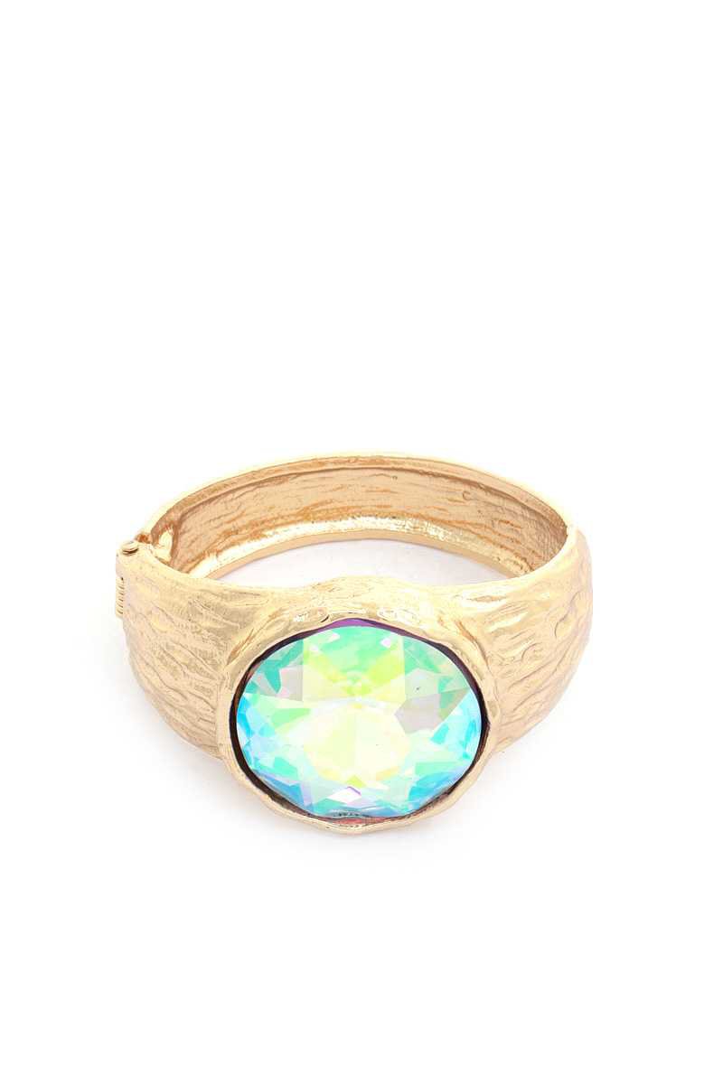 Oval Crystal Metal Cuff Bracelet &acirc;�� Gold Tone Open Bangle with Large Oval Crystal Accent
