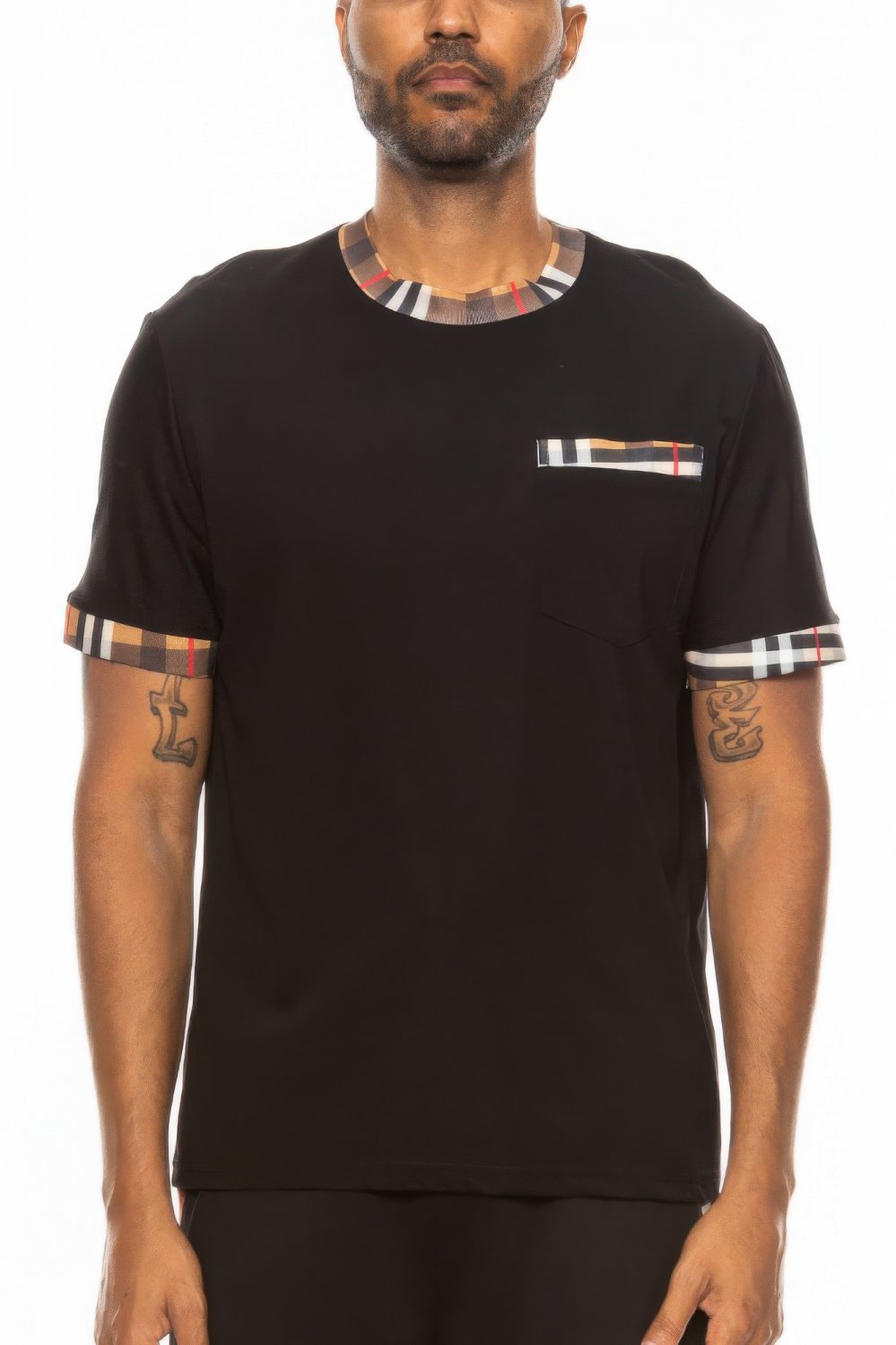 Men Checkered Trim Short Sleeve T Shirt Cotton Spandex Casual Pocket Tee