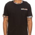Men Checkered Trim Short Sleeve T Shirt Cotton Spandex Casual Pocket Tee