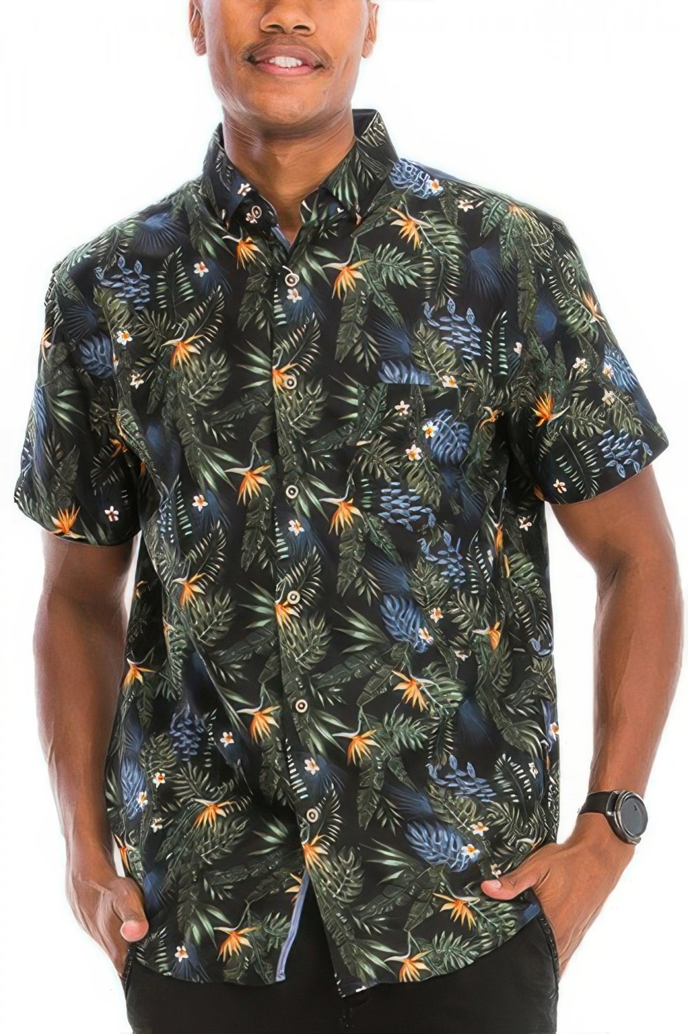 Mens Hawaiian Tropical Print Button Down Shirt Cotton Blend Short Sleeve