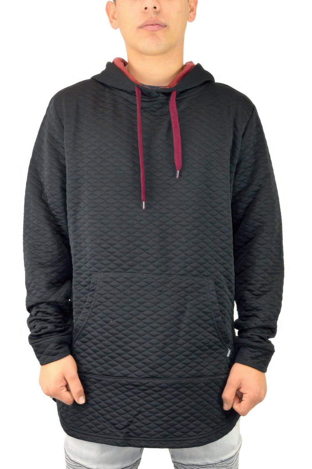 Mens Quilted Pullover Hoodie Longline Kangaroo Pocket Drawstring Sweatshirt
