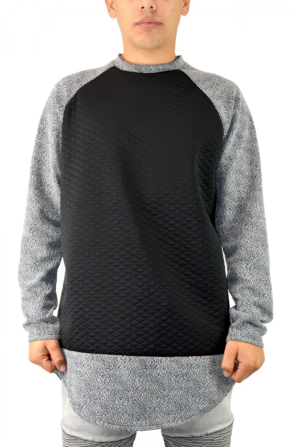Mens Quilted Black Gray Marled Oversized Sweatshirt Long Sleeve Pullover