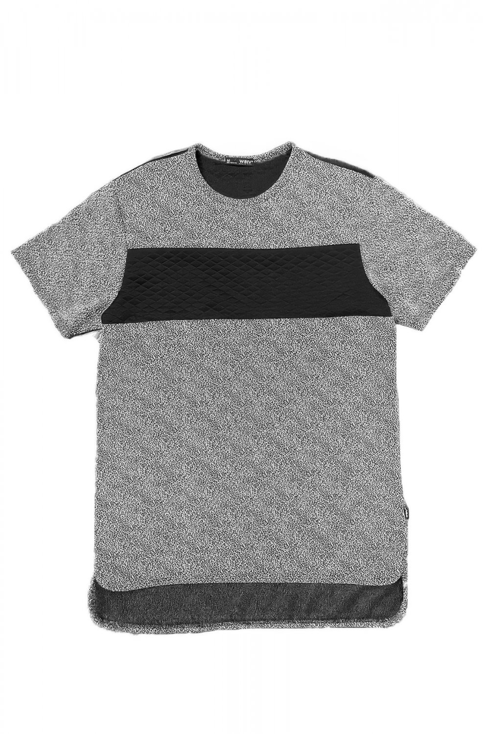 Mens Black Gray Marbled Longline T Shirt Quilted Chest Panel Short Sleeve