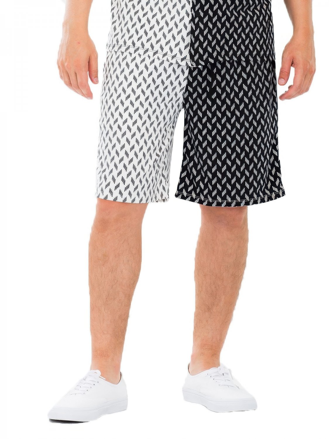 Mens Split Two Tone Print Shorts Black White Geometric Drawstring