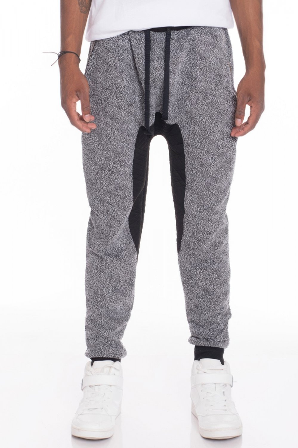 Mens Black Gray Marled Jogger Sweatpants Contrast Panel Drawstring