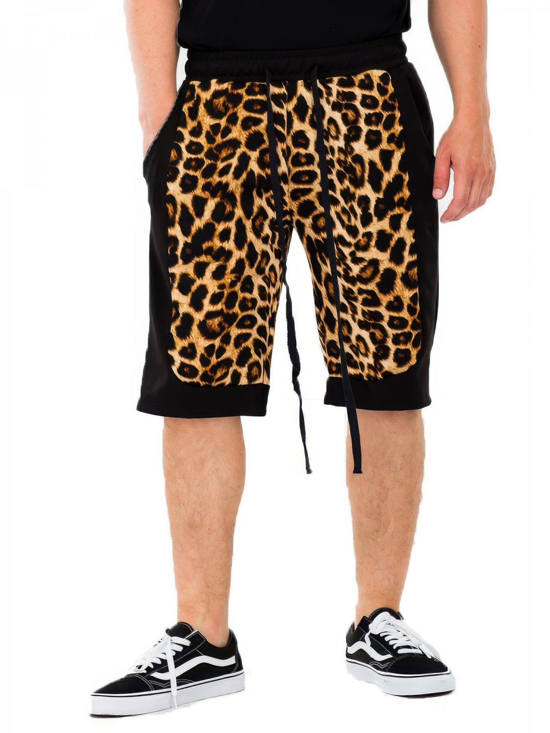 Mens Cheetah Contrast Shorts Drawstring Stretch Casual