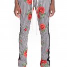 Mens Floral Black and White Stripe Track Pants Slim Fit Drawstring