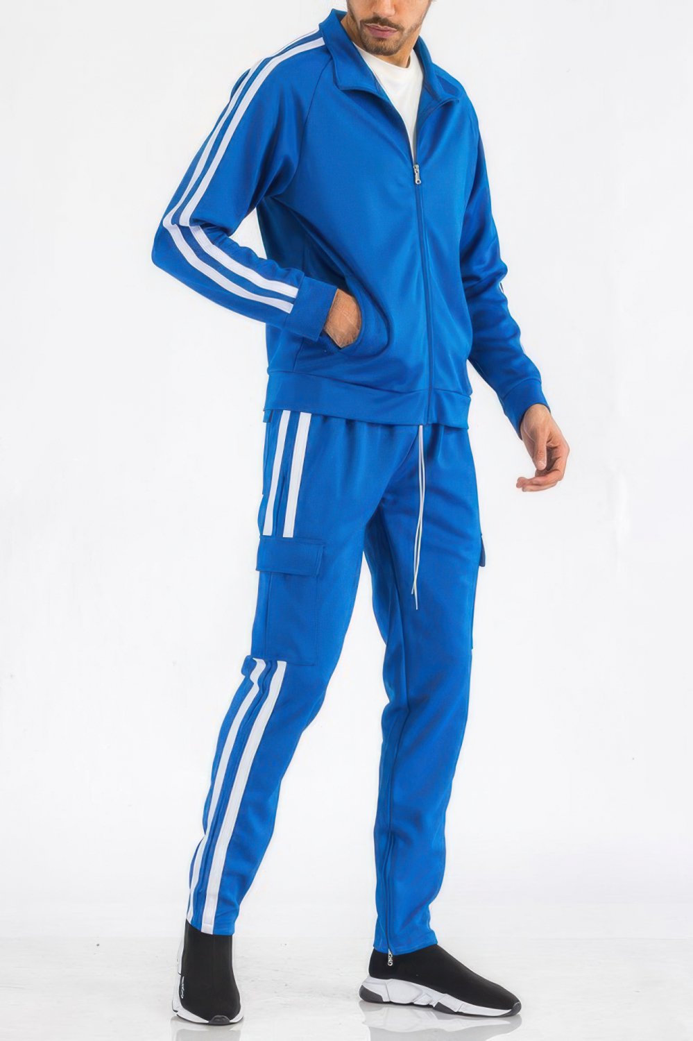 Mens Two Stripe Utility Cargo Track Suit Full Zip Jacket Set