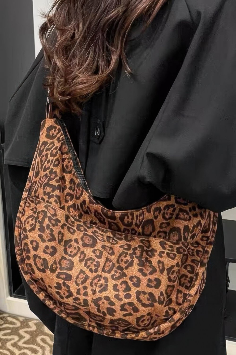 Womens Leopard Faux Suede Double Pocket Crossbody Shoulder Bag