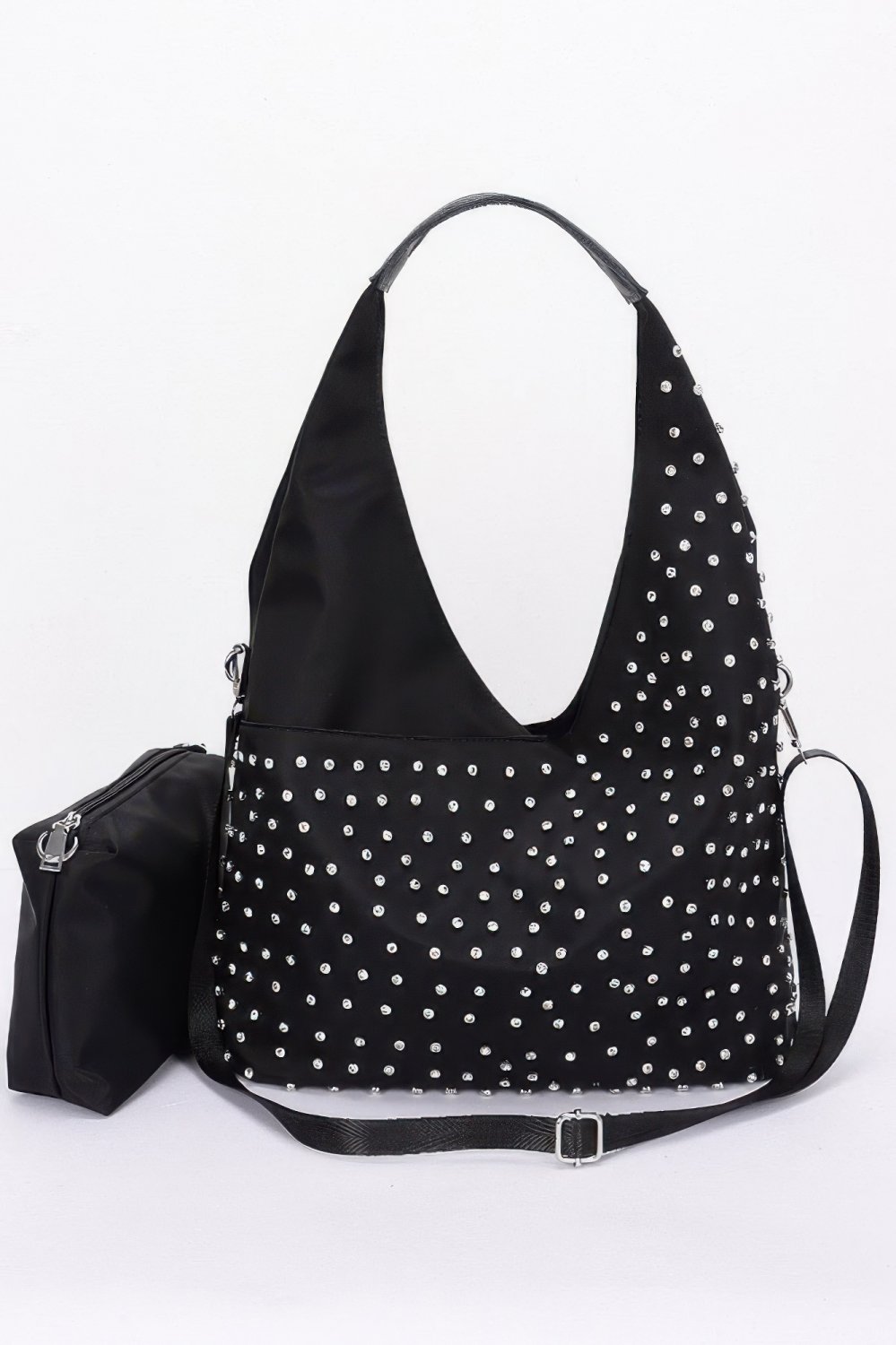 Womens Rhinestone Studded Bindle Black Hobo Shoulder Bag with Matching Pouch