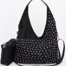 Womens Rhinestone Studded Bindle Black Hobo Shoulder Bag with Matching Pouch