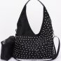 Womens Rhinestone Studded Bindle Black Hobo Shoulder Bag with Matching Pouch