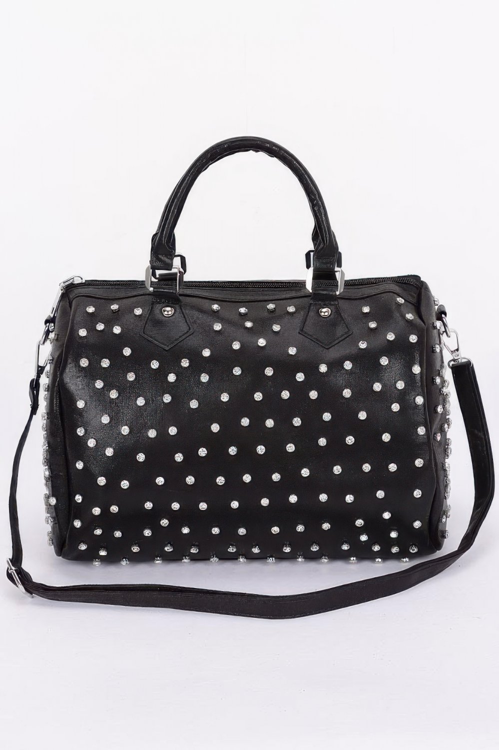 Womens Rhinestone Studded Bowling Bag Top Handle Crossbody Handbag