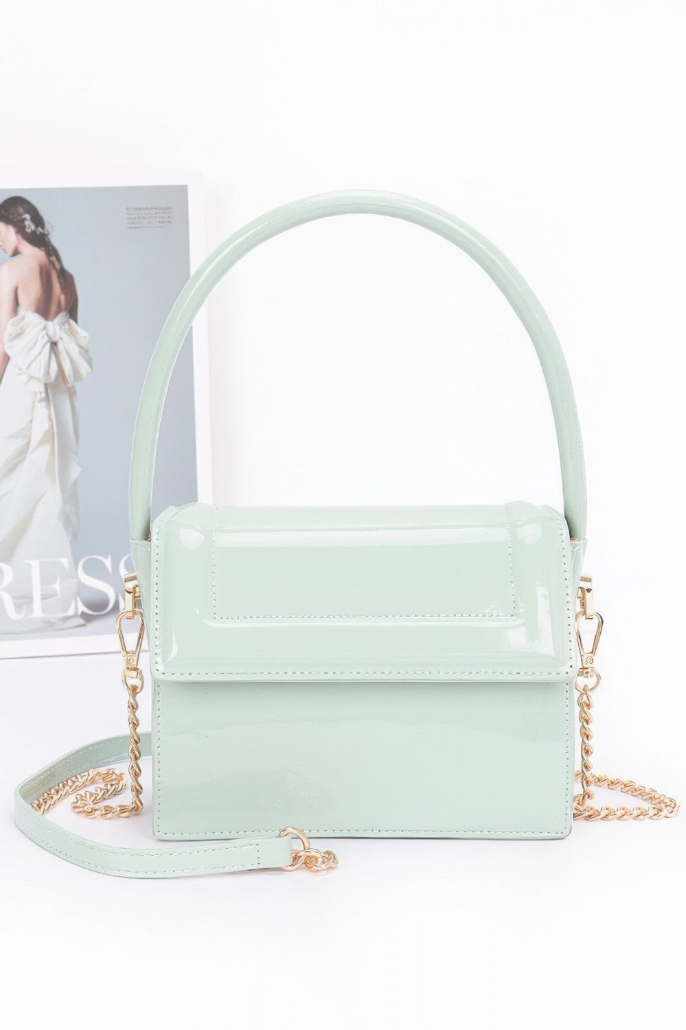Womens Enamel Top Handle Flap Bag Chain Strap Crossbody Purse