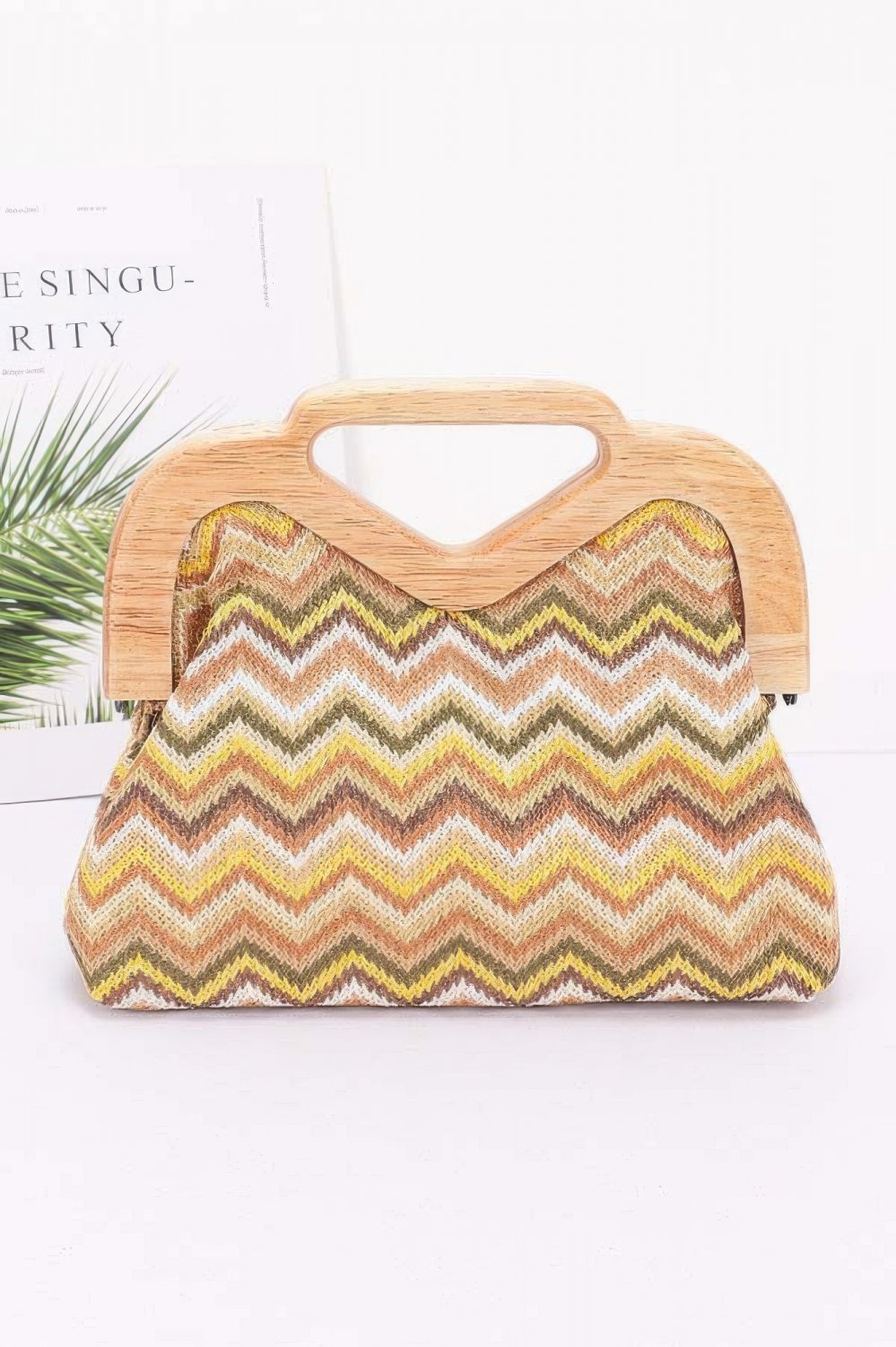 Womens Multicolor Chevron Faux Straw Wood Frame Clutch