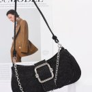 Womens Faux Denim Chain Shoulder Bag with Buckle Detail