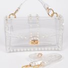 Transparent Faux Pearl Studded Flap Clutch Bag