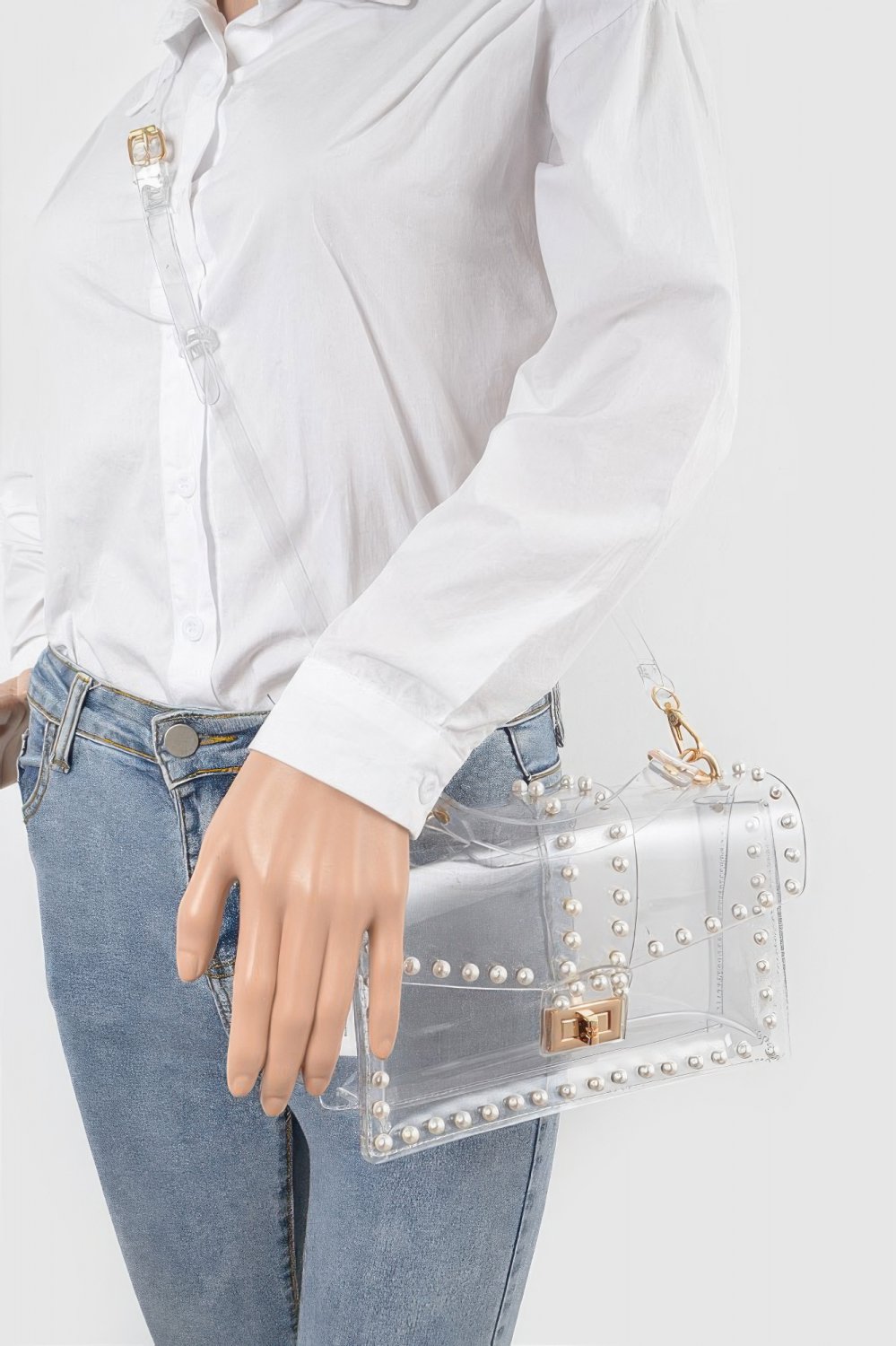 Transparent Faux Pearl Studded Flap Clutch Bag