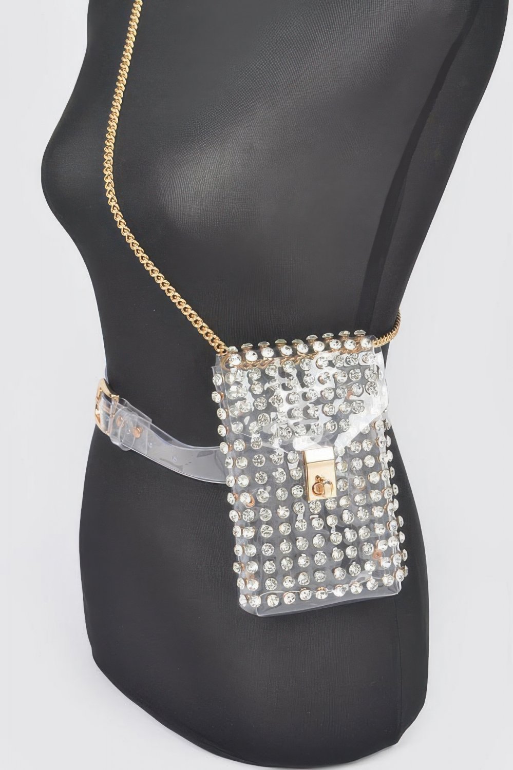 Rhinestone Studded Clear Belt Bag with Chain Strap