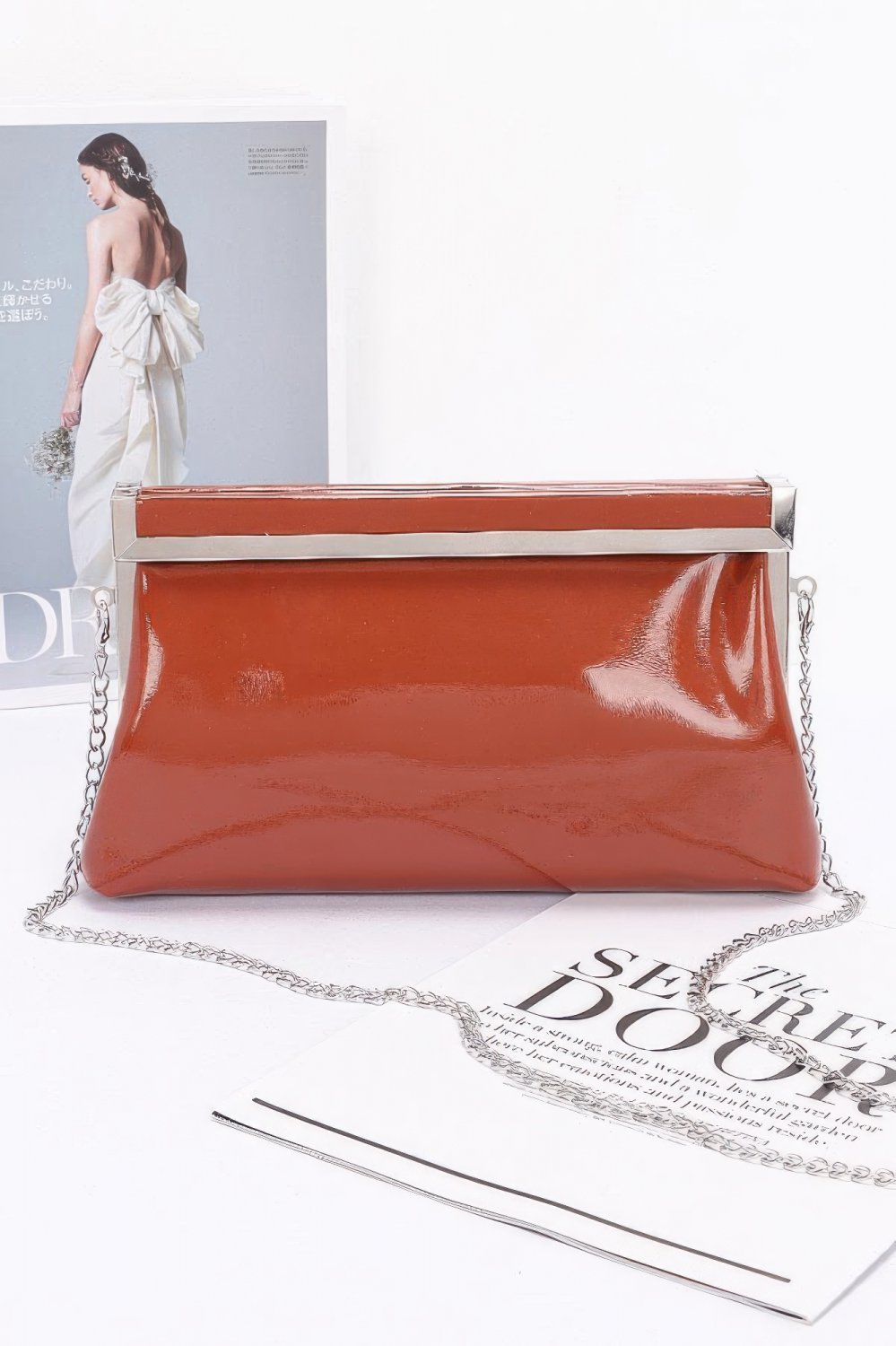 Glossy Frame Closure Evening Clutch with Chain Strap