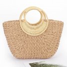 Khaki Woven Faux Straw Tote Bag with Bamboo Ring Handles