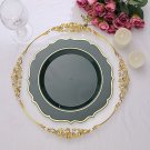 30 Hunter Green 10.5"" Round Plastic Dinner Plates Gold Scalloped Rim Events