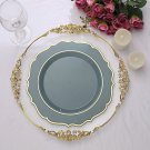 30 Dusty Blue 10.5"" Round Plastic Dinner Plates Gold Scalloped Rim Events