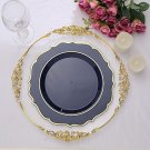 30 Navy Blue 10.5"" Round Plastic Dinner Plates Gold Scalloped Rim Events