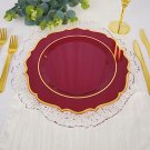 30 Burgundy 10.5"" Round Plastic Dinner Plates Gold Scalloped Rim Events Wedding