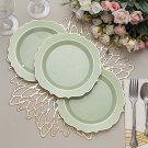 30 Sage Green 8"" Round Plastic Dinner Plates Gold Scalloped Rim Events Wedding